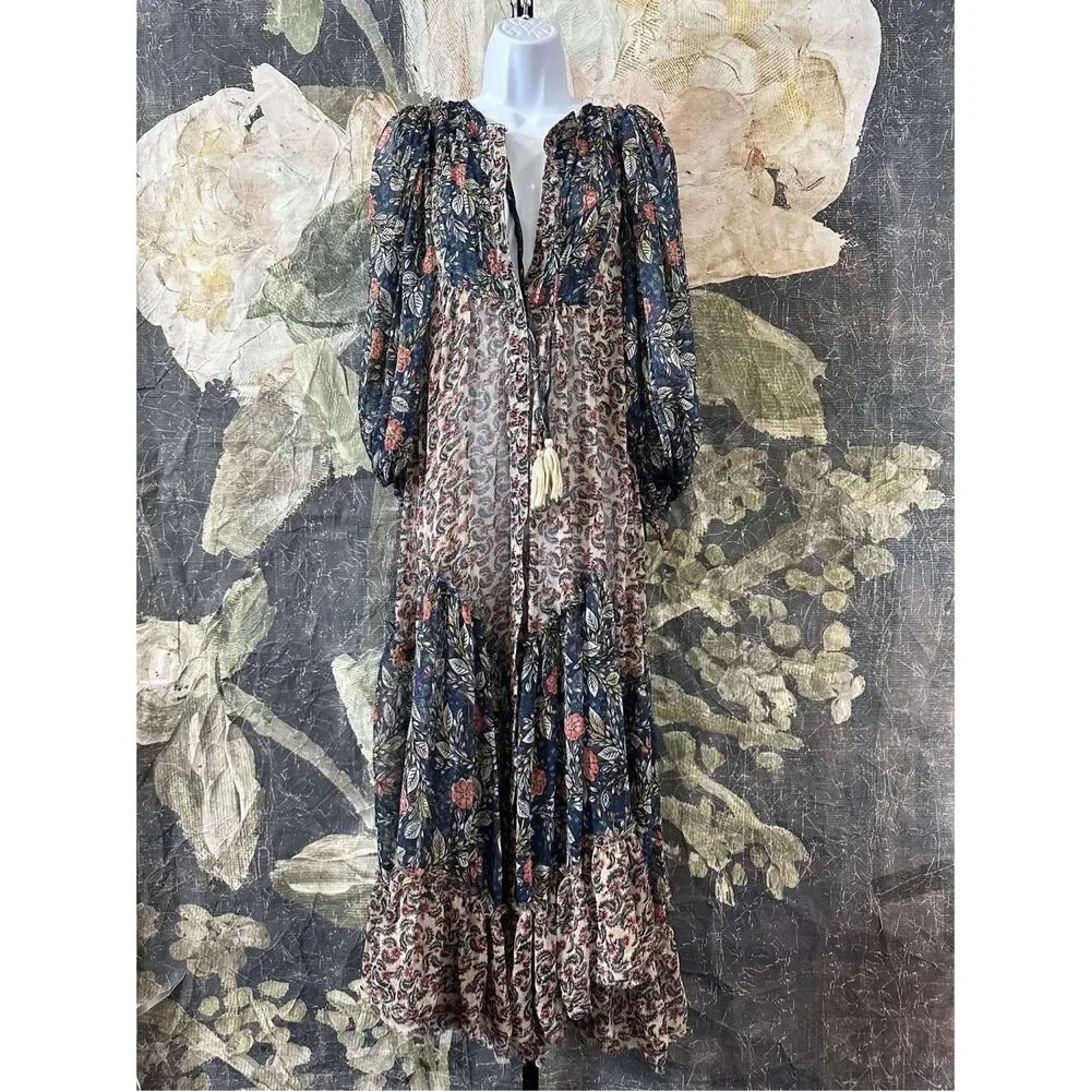 New Free People Estelle Chiffon Button Front Printed Maxi Dress sz xs - Picture 4 of 6